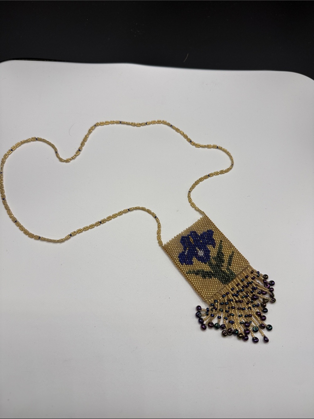 Handcrafted Gold Beaded Necklace with Blue Floral Pendant - Unbranded